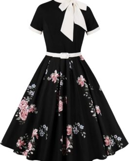 Elegant Floral Vintage Black Dress